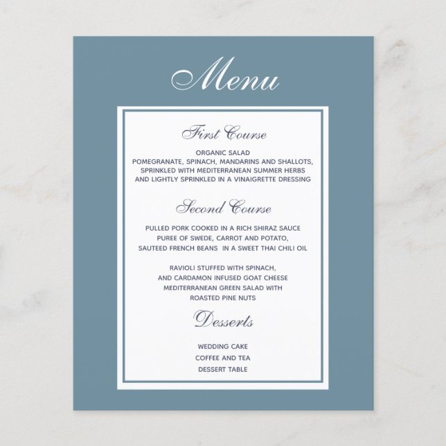 Elegant Dusty Blue Wedding Menu (Front)