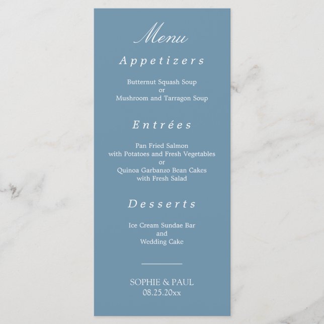 Elegant Dusty Blue Wedding Menu (Front)