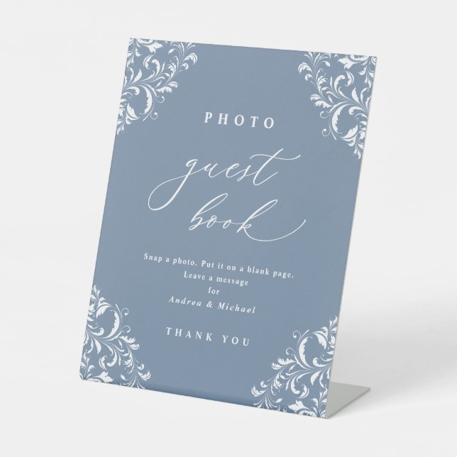 Elegant Dusty Blue Wedding Photo Guest Book Sign (Front)
