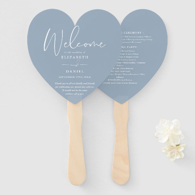 Elegant Dusty Blue Wedding Program Heart Hand Fan (Front and Back)