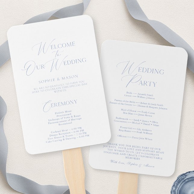 Elegant Dusty Blue Wedding Program & Welcome Sign Hand Fan (Creator Uploaded)
