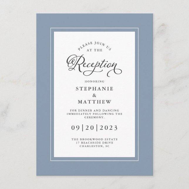 Elegant Dusty Blue Wedding Reception Chic Borders Enclosure Card (Front)