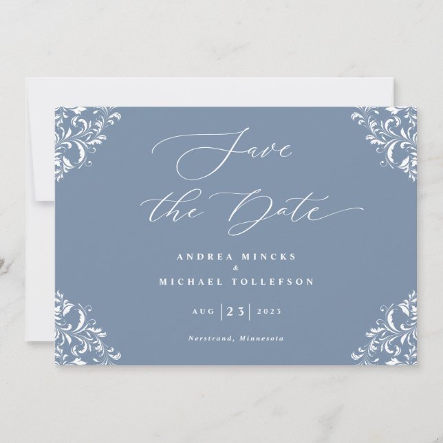 Elegant Dusty Blue Wedding Save the Date Cards (Front)