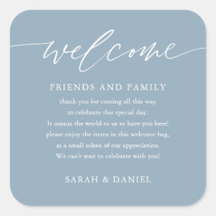 Elegant Dusty Blue Wedding Welcome Gift Bag Basket Square Sticker