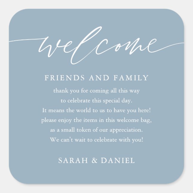 Elegant Dusty Blue Wedding Welcome Gift Bag Basket Square Sticker (Front)