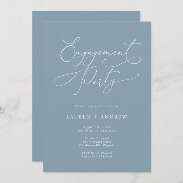 Elegant Dusty Blue & White Engagement Party Invitation (Front/Back)