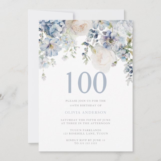 Elegant Dusty Blue & White Floral 100th Birthday Invitation (Front)