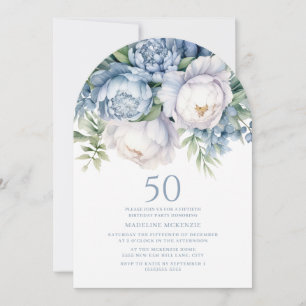 Elegant Dusty Blue White Floral 50th Birthday Arch Invitation