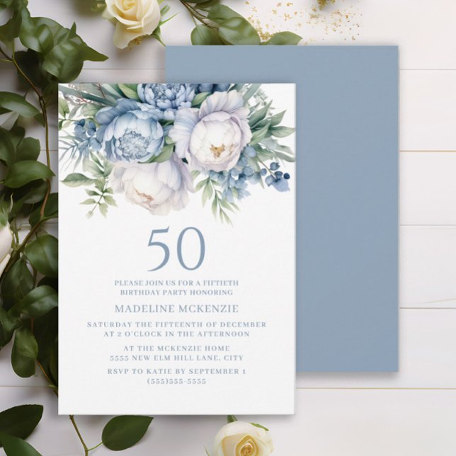 Elegant Dusty Blue White Floral 50th Birthday Invitation (Elegant dusty blue and white watercolor floral 50th birthday party invitation for women.)