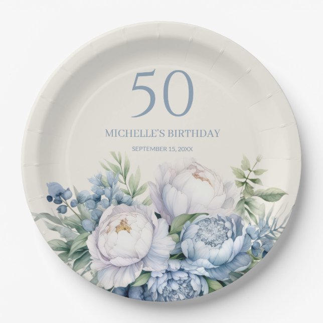 Elegant Dusty Blue White Floral 50th Birthday Name Paper Plate (Front)