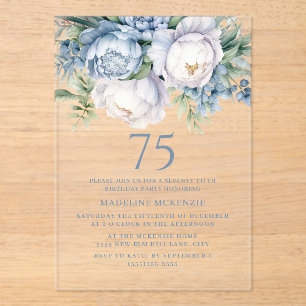 Elegant Dusty Blue White Floral 75th Birthday Acrylic Invitations