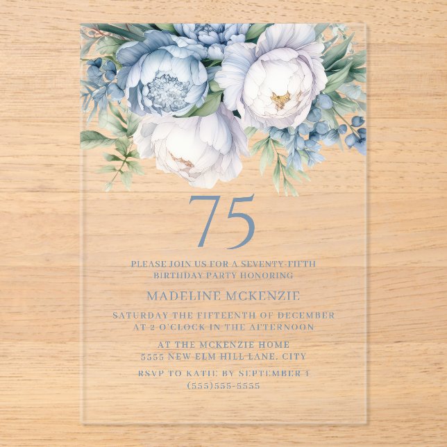 Elegant Dusty Blue White Floral 75th Birthday Acrylic Invitations (Front)