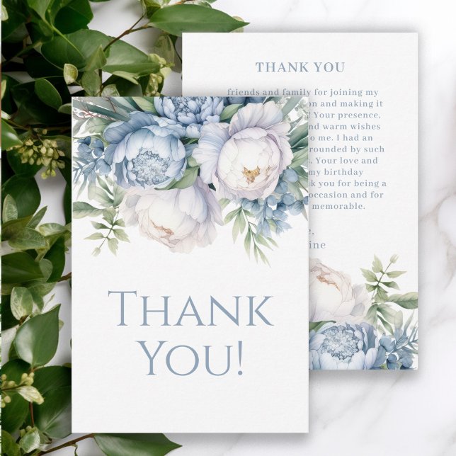 Elegant Dusty Blue White Floral Birthday Thank You Card (Elegant dusty blue and white watercolor floral women's birthday party thank you card.)