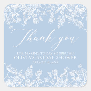 Elegant Dusty Blue White Floral Bridal Shower Square Sticker