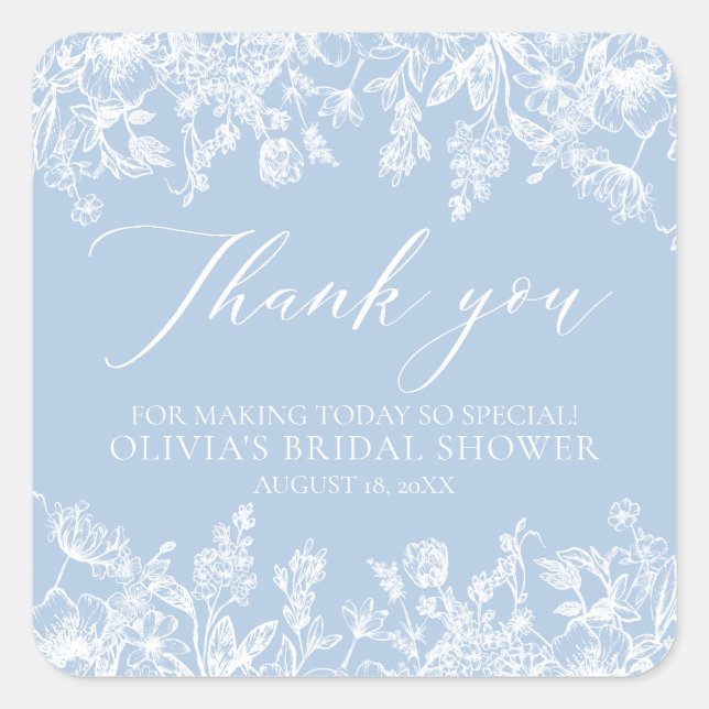 Elegant Dusty Blue White Floral Bridal Shower Square Sticker (Front)
