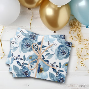 Elegant Dusty Blue White Floral Rose Set of 3 Wrapping Paper Sheet