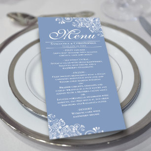 Elegant Dusty Blue & White Frilly Corners Wedding Menu
