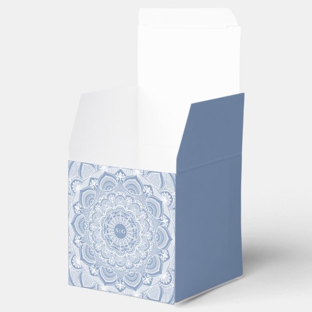 Elegant dusty blue white lace mandala classic favour box (Opened)