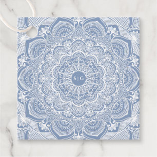Elegant dusty blue white lace mandala classic favour tags