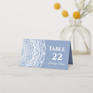 Elegant dusty blue white lace mandala classic place card