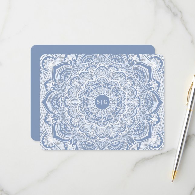 Elegant dusty blue white lace mandala classic RSVP card (Front/Back In Situ)