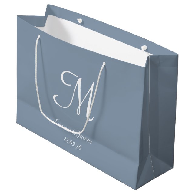 Elegant Dusty Blue & White Monogram Name  Large Gift Bag (Front Angled)