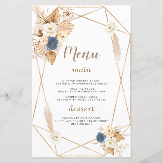 Elegant Dusty Blue White Peach Roses Wedding Menu (Front)