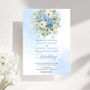 Elegant Dusty Blue White Peony Gold Wedding Invite