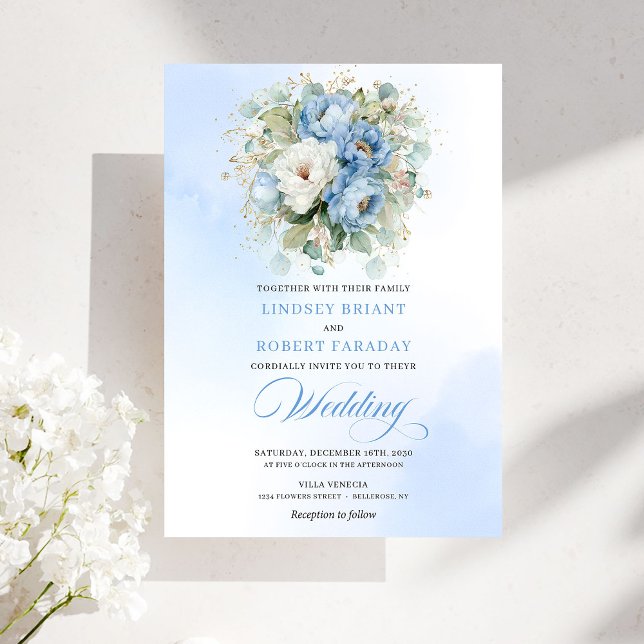Elegant Dusty Blue White Peony Wedding Invitation (Elegant Dusty Blue White Peony Wedding Invitation)