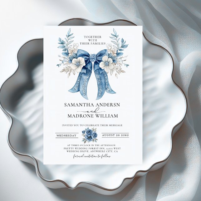 Elegant Dusty Blue White Rose Floral Bow Wedding Invitation (Creator Uploaded)