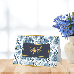 Elegant Dusty Blue White Rose Floral Personalise Thank You Card