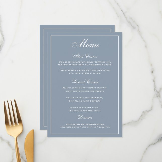 Elegant Dusty Blue White Script Wedding Menu (Front/Back In Situ)