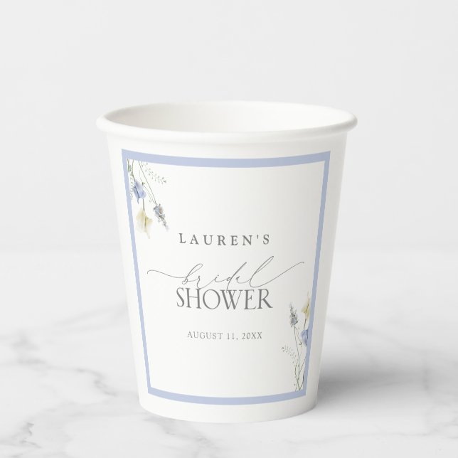 Elegant Dusty Blue Wildflower Bridal Shower Paper Cups (Front)