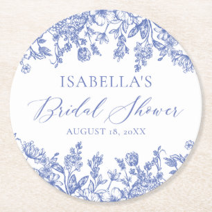 Elegant Dusty Blue Wildflower Bridal Shower Round Paper Coaster
