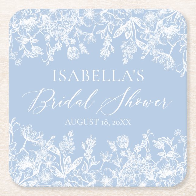 Elegant Dusty Blue Wildflower Bridal Shower Square Paper Coaster (Front)