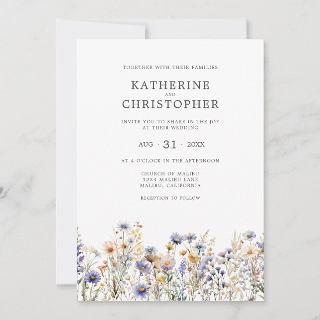 Elegant Dusty Blue Wildflower Budget Wedding Invitation (Front)