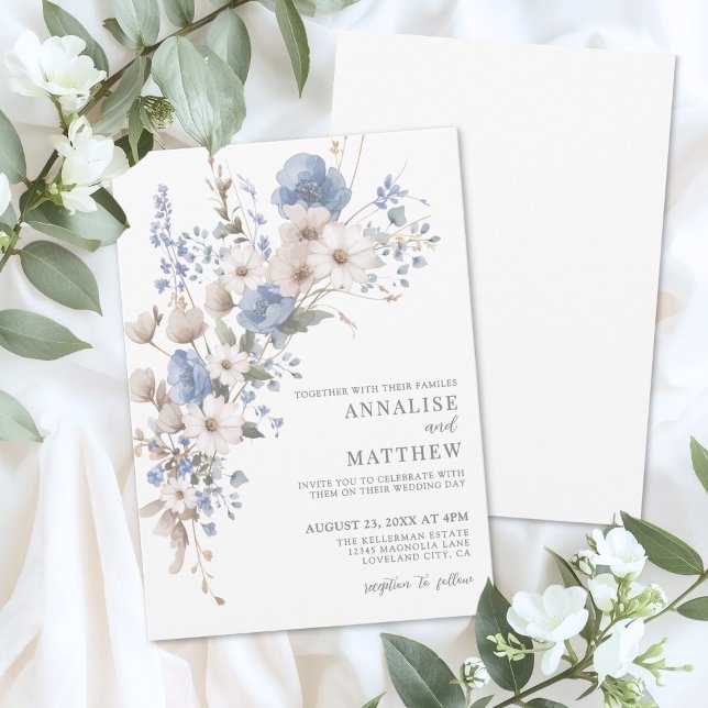 Elegant Dusty Blue Wildflower Floral Wedding Invitation (Elegant Dusty Blue Wildflower Floral Wedding Invitation )