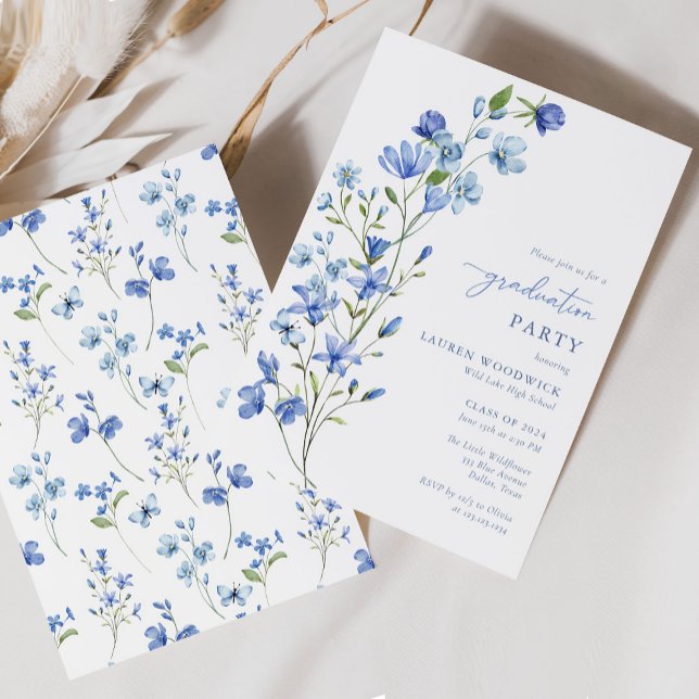 Elegant Dusty Blue Wildflower Graduation Invitation (Creator Uploaded)