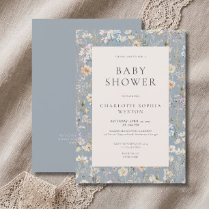 Elegant Dusty Blue Wildflower QR Code Baby Shower Invitation