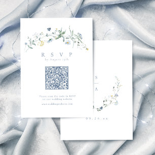 Elegant Dusty Blue Wildflower Rustic Boho QR code  RSVP Card