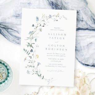 Elegant Dusty Blue Wildflower Rustic Boho Wedding Invitation