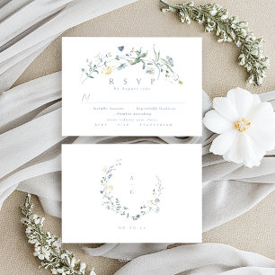 Elegant Dusty Blue Wildflower Rustic Boho Wedding RSVP Card