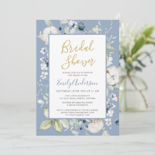 Elegant Dusty Blue Wildflowers Bridal Shower Invitation