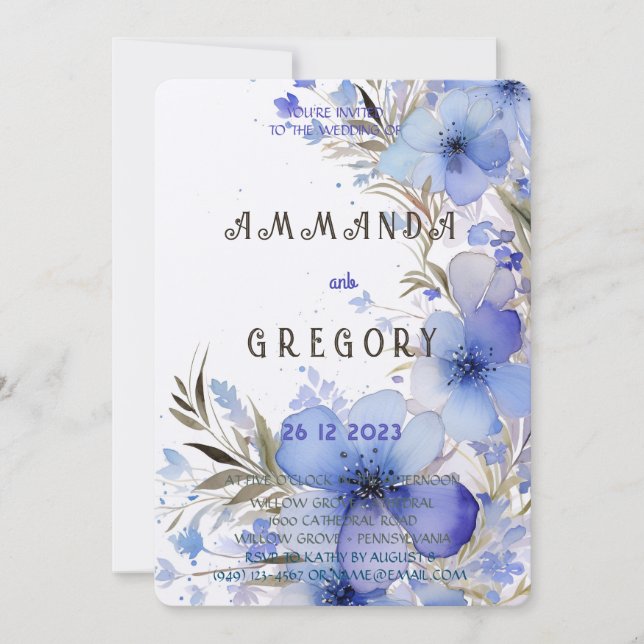 Elegant Dusty Blue Wildflowers Invitation (Front)