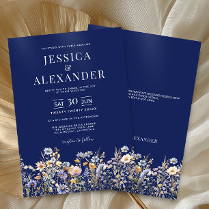 Elegant Dusty Blue Wildflowers Navy Wedding Invitation