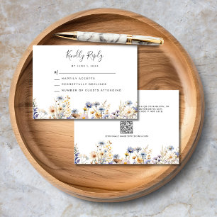 Elegant Dusty Blue Wildflowers QR Code Wedding RSVP Card