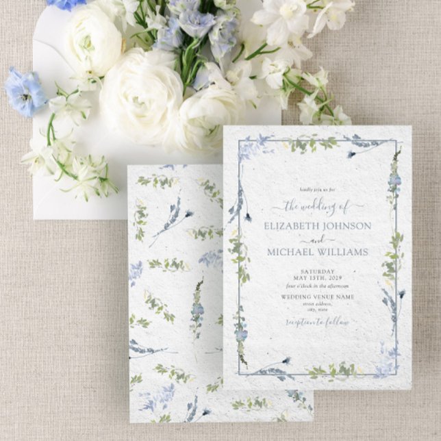 Elegant Dusty Blue Wildflowers Watercolor Wedding Invitation (Creator Uploaded)