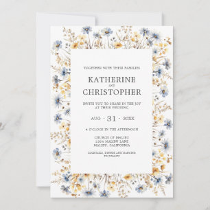 Elegant Dusty Blue Wildflowers Watercolor Wedding Invitation