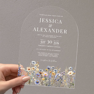 Elegant Dusty Blue Wildflowers Wedding Clear Arch Acrylic Invitations