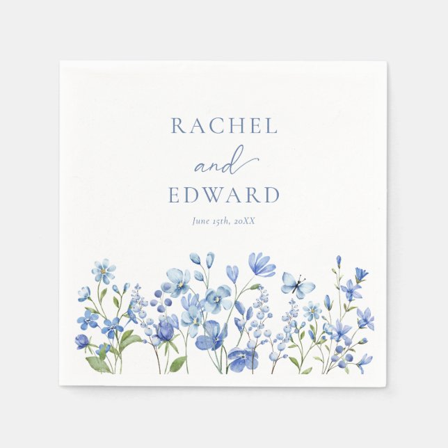 Elegant Dusty Blue Wildflowers Wedding Napkin (Front)
